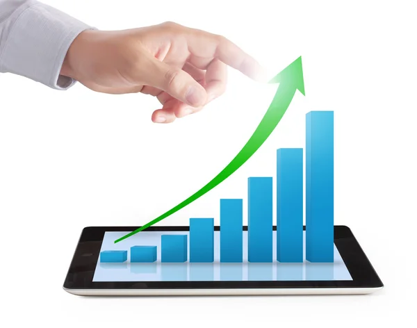 Tablet screen with graph and  hand — Stock Photo, Image