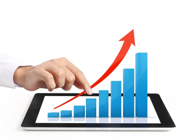 Tablet screen with graph and  hand — Stock Photo, Image