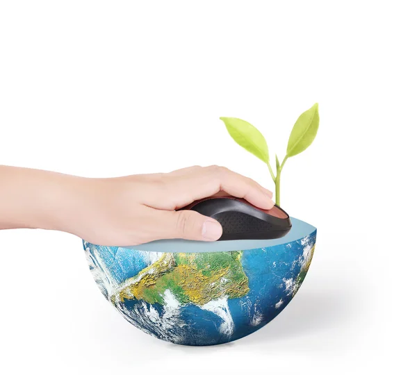 Hand with computer mouse and globe — Stock Photo, Image