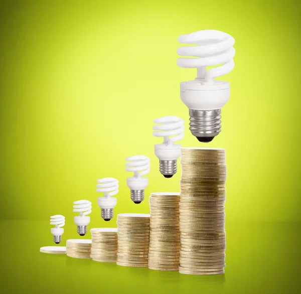 Geld gespart in verschiedenen Arten von Glühbirnen — Stockfoto