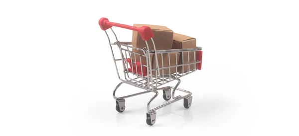 Carro Compras Juguete Con Cajas Compras Concepto Entrega Tendencia Sociedad — Foto de Stock