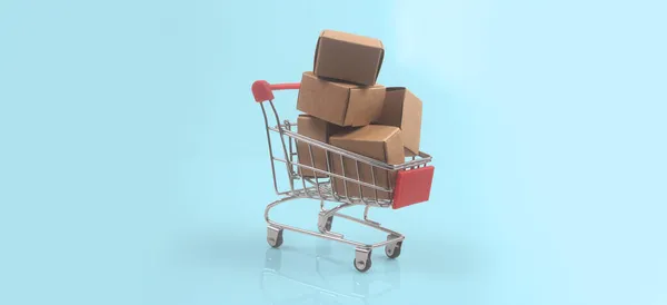 Toy Shopping Cart Boxes Shopping Delivery Concept Consumer Society Trend — Stock Photo, Image