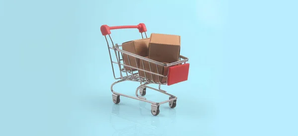 Speelgoed Winkelwagen Met Dozen Winkelen Levering Concept Ontwikkeling Van Consumptiemaatschappij — Stockfoto
