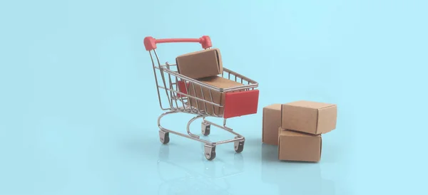 Leksak Kundvagn Med Lådor Shopping Och Leverans Koncept Utveckling Konsumentsamhället — Stockfoto