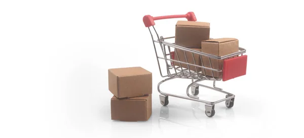 Carro Compras Juguete Con Cajas Compras Concepto Entrega Tendencia Sociedad — Foto de Stock