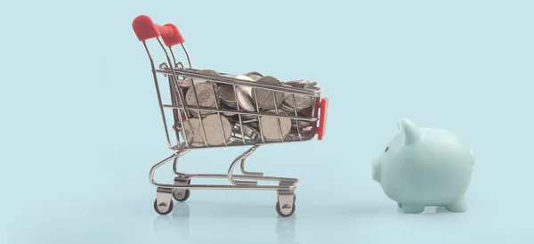 Toy Shopping Cart Coins Piggy Bank Consumer Society Trend — Stock Photo, Image