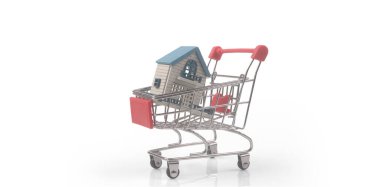 İçinde ev ve teslimat konsepti olan oyuncak alışveriş arabası. Tüketici toplumu eğilimi