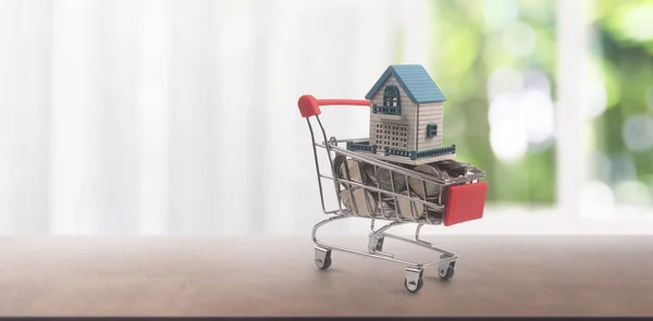 コインや配送コンセプトの家のモデルとおもちゃのショッピングカート 消費者社会の動向 — ストック写真