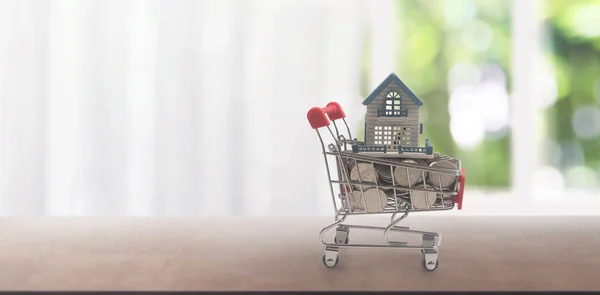 コインや配送コンセプトの家のモデルとおもちゃのショッピングカート 消費者社会の動向 — ストック写真