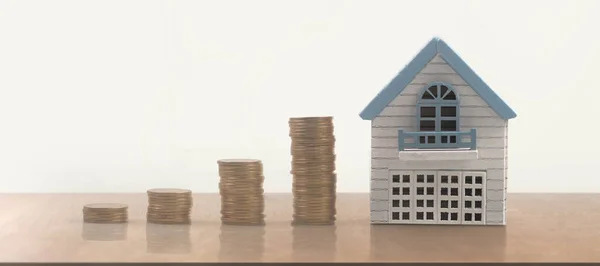 Model Detached Miniature House Mock Coins Property Real Estate Investment — Stock Photo, Image