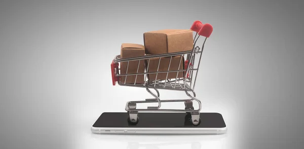 Carrito Compras Juguetes Con Monedas Tendencia Sociedad Consumo Smartphone — Foto de Stock