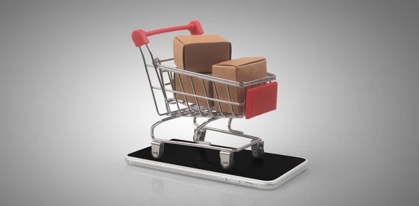 Carrito Compras Juguetes Con Monedas Tendencia Sociedad Consumo Smartphone — Foto de Stock