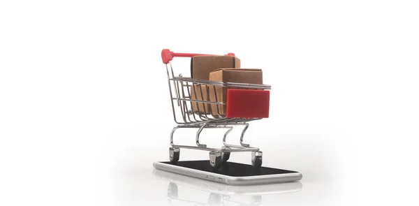 Carrito Compras Juguetes Con Monedas Tendencia Sociedad Consumo Smartphone — Foto de Stock