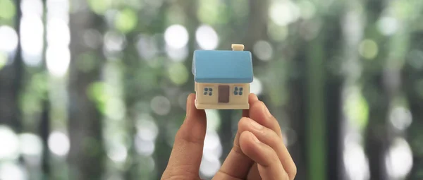 Hand Holding House Model Property Insurance Security Buy Rent House — Stok fotoğraf