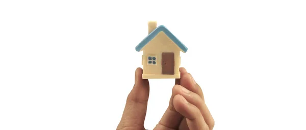 Hand Holding House Model Property Insurance Security Buy Rent House — Stock Fotó