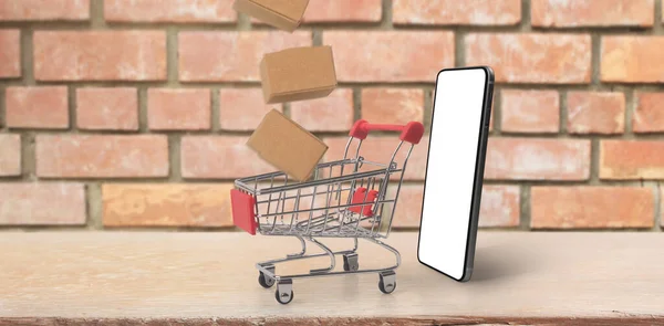 Toy Shopping Cart Consumer Society Trend Smartphone — Stockfoto