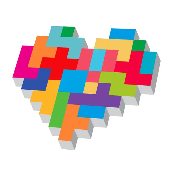 Coração de Tetris. Tipografia de amor. Jogo de amor. Coração de pixels coloridos. Mordida de coração . — Vetor de Stock