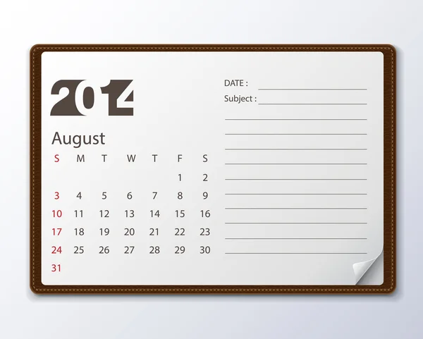 Agosto 2014 Calendário — Vetor de Stock