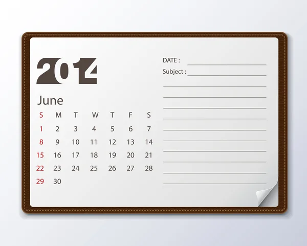 Calendario junio 2014 — Vector de stock