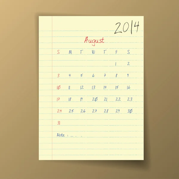 Agosto 2014 Calendário — Vetor de Stock