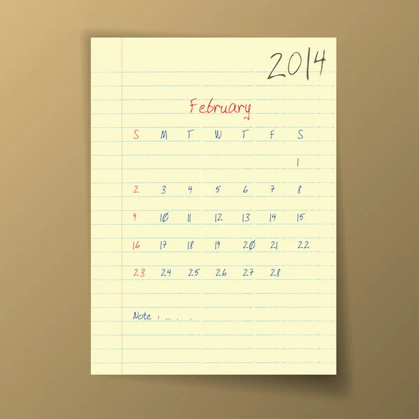 Fevereiro 2014 Calendário — Vetor de Stock