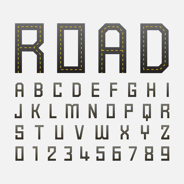 Alphabetic fonts and numbers with road style — Stock Vector