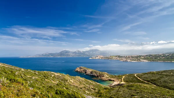 Beach, Calvi, sea and mountains from La Revellata in Corsica — Stock Photo, Image
