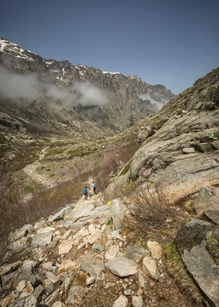 Wandelaars in de bergen van restonica in corsica — Stockfoto