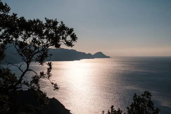 午後遅くに輝く地中海に対してシルエットコルシカ島の西海岸のカプ ロス岬 — ストック写真