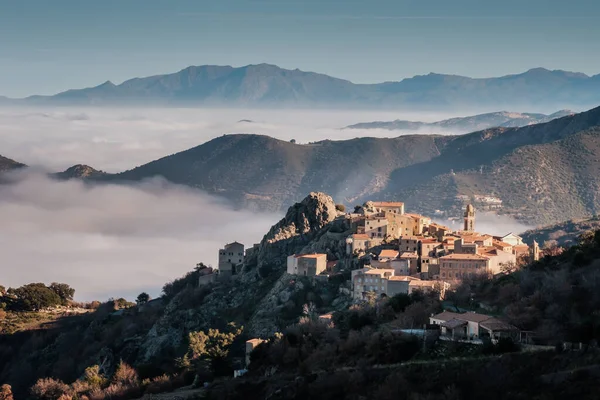 Mist Hanging Valley Ancient Mountain Village Speloncato Balagne Region Corsica — Stock Photo, Image
