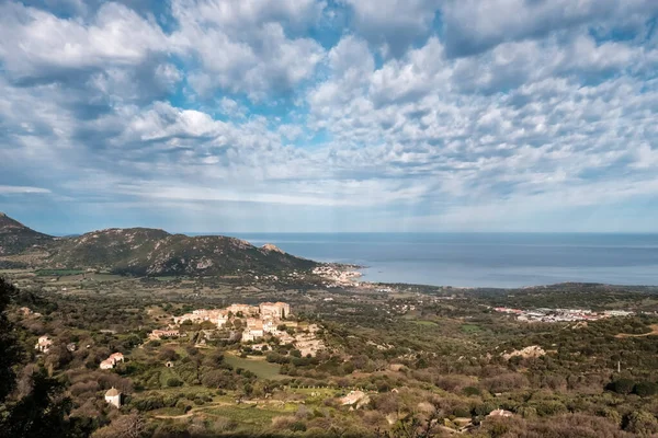 Hilltop Village Pigna Balagne Region Corsica Mediterranean Sea Distance — Stock Photo, Image