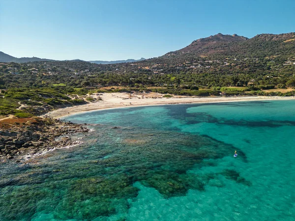 Aerial View Paddle Boarder Clear Turquoise Mediterranean Sea Bodri Beach — Stock fotografie