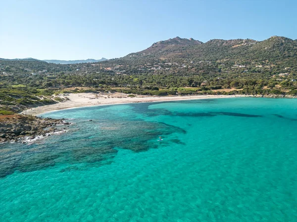 Aerial View Paddle Boarder Clear Turquoise Mediterranean Sea Bodri Beach — Foto Stock