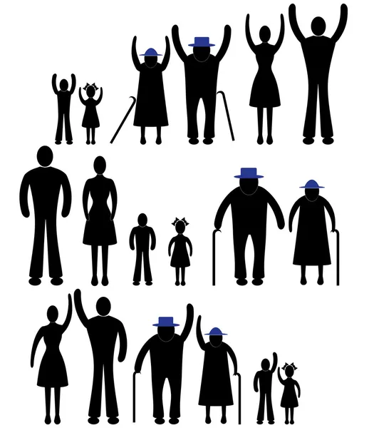 Icône de famille de silhouette de personnes. Femme vectrice de personne, mec. Enfant, grand-père, grand-mère génération illustration . — Image vectorielle