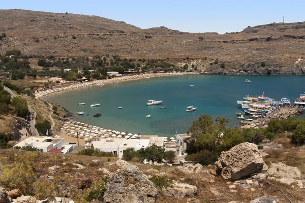 View from above of the main beach in Lindos — Stock Photo, Image