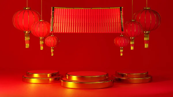 Vykreslování Pódia Čínský Nový Rok Pro Téma Displej Produktů Červené — Stock fotografie