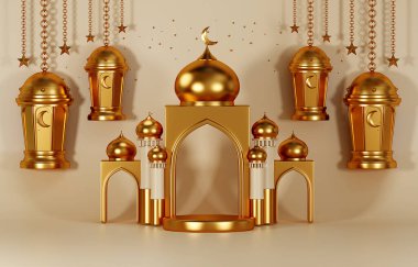 3D görüntüleme Altın Bayram Mübarek Binası, Arap Kubbesi, Ramazan illüstrasyon arka planı.