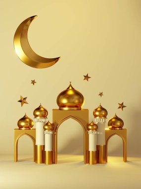 3D görüntüleme Altın Bayram Mübarek Binası, Arap Kubbesi, Ramazan illüstrasyon arka planı.