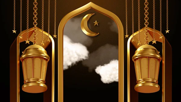 Απόδοση Πρότυπο Σχεδίαση Ramadan Kareem Φανοί Λάμπες Χρυσό Χρώμα Θρησκεία — Φωτογραφία Αρχείου