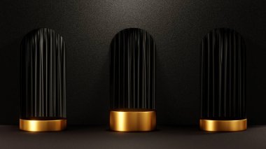 Banner Reklamcılık ve Moda Ürünleri 'nin siyah kabataslak arka planında 3D perde ve lüks modern altın podyum modellemesi 