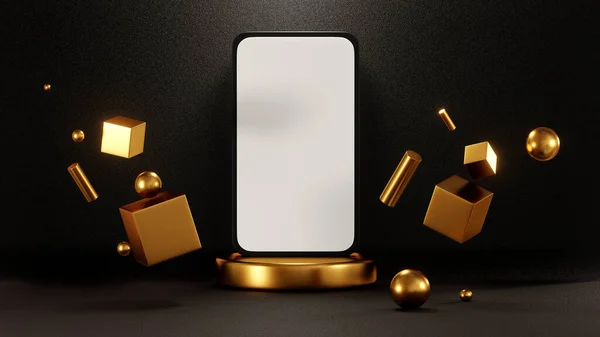 Rendering Smartphone Mockup Design Luxus Szene Goldfarbe Geometrische Grafik Ressource — Stockfoto