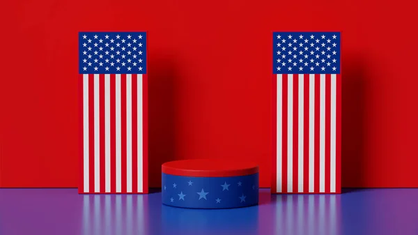 3D modern podyum görüntüsü, Amerika Birleşik Devletleri 4 Temmuz bağımsızlık günü, Banner veya modelleme ürünü için dikey ulusal bayrak