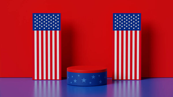 3d rendering modern podium display, united states of america 4th July independence day with vertical national flag on red background for Banner or mockup product