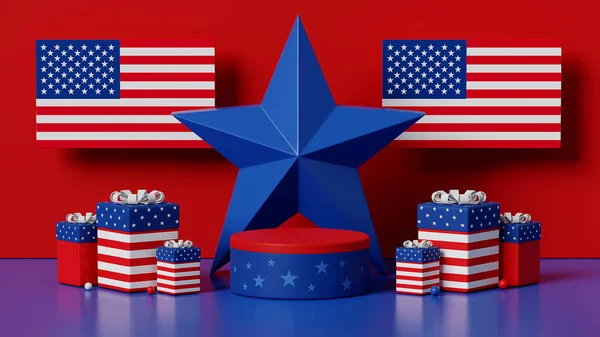 Rendering Mockup Podium Picture Light Blue Star Middle Gift Box — Stock Photo, Image