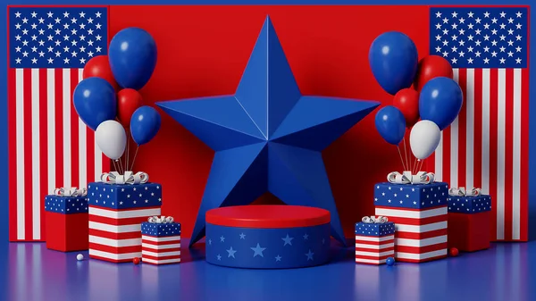 3d rendering, image light blue star in the middle red background, mockup podium display, united states of america 4th July independence day with vertical national flag