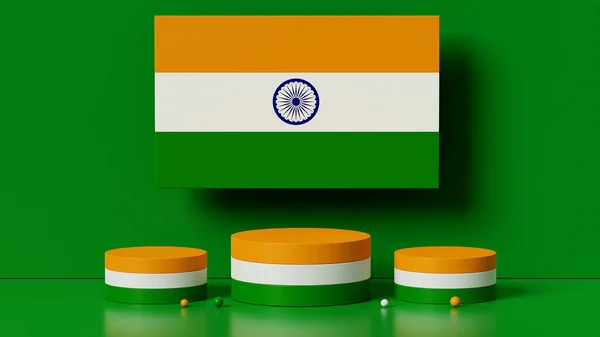 3d rendering, independence day of india or republic day, three podium and big size flag symbol in the middle on green backgeound , copy space for design