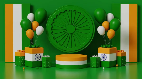 3d rendering, independence day of india or republic day, podium background, ashoka chakra symbol of India in the middle and gift box, copy space for design