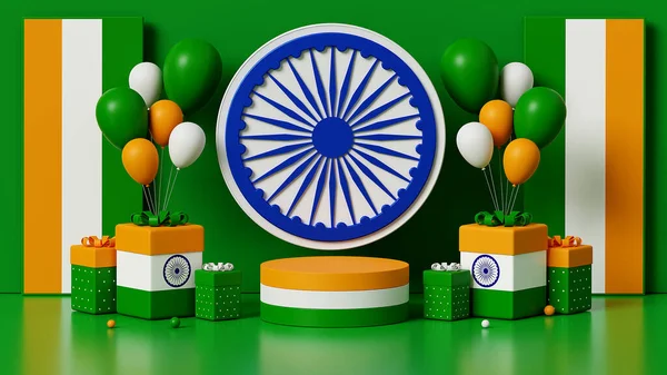 3d rendering, independence day of india or republic day, podium background, ashoka chakra symbol of India in the middle and gift box, copy space for design