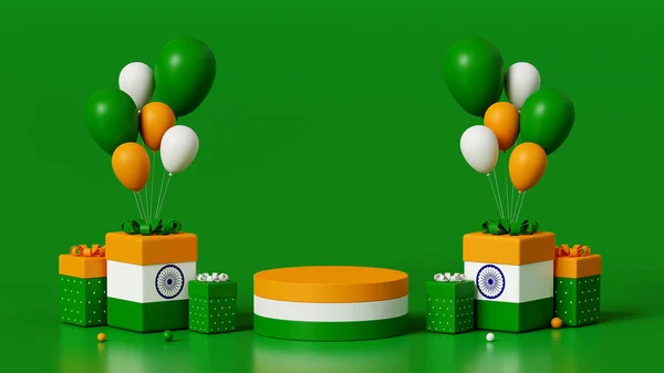 3d rendering, august 15 independence day of india or republic day, podium concept, mockup template green background and gift box, copy space for design