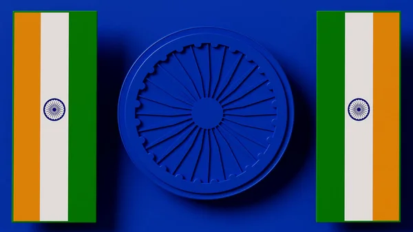 3d rendering, india background, flag and ashoka chakra symbol of India in the middle on blue backgeound , copy space for design